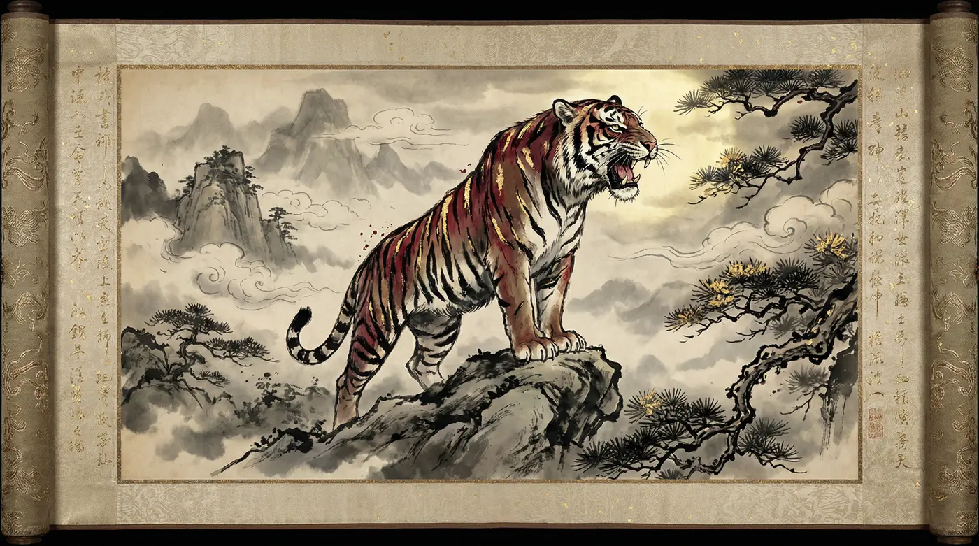 水墨虎画卷轴 - 四虎 | 虎文化收藏精品